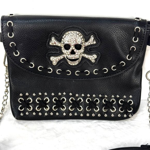 Rhinestone Skull Crossbody Purse Black Faux Leather Studded Goth Punk Biker - Picture 2 of 16